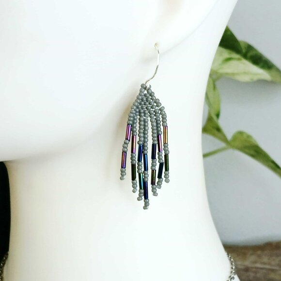 Small Beaded Fringe Cascade Shoulder Duster Dangle Earrings, Gray Metallic, 2.5" - Picture 1 of 7